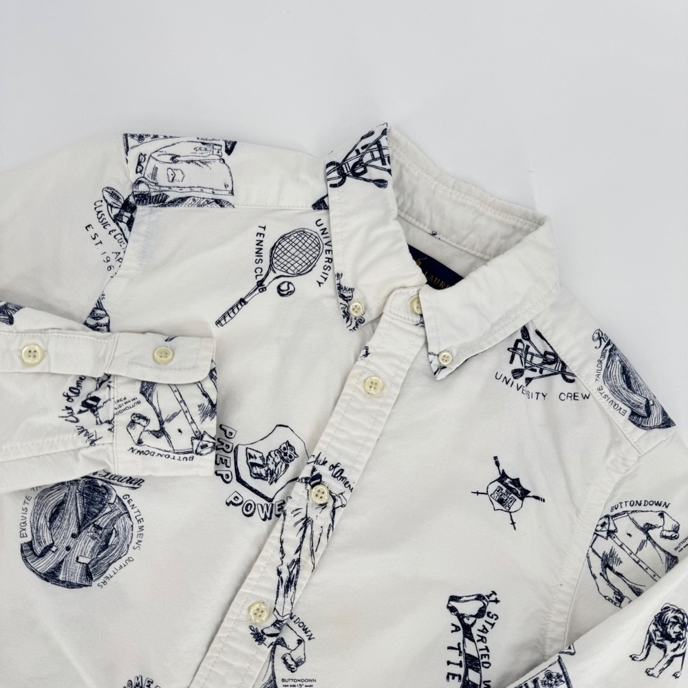 Ralph Lauren Boys M (10-12) Button-Down Shirt — White with Collegiate/Prep Print